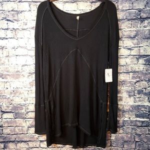 Free People Sunset Park Black Thermal Oversized Waffle Knit Top Size L